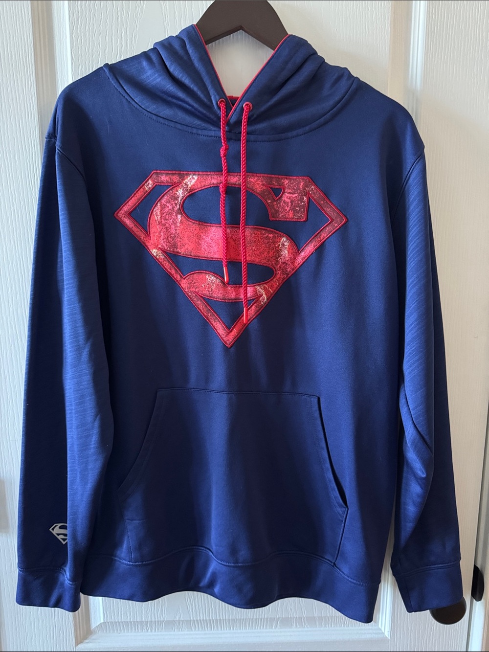 DC Comics Men's Royal Blue Crewneck Hoodie with Red Superman Emblem